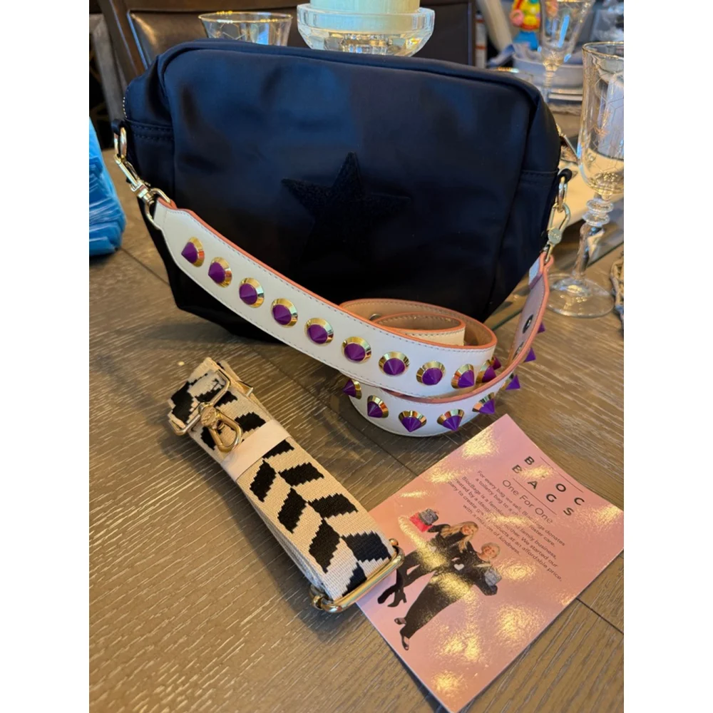 Women's Bloc Bags Black Crossbody Bag with Purple Studded Strap, One Size